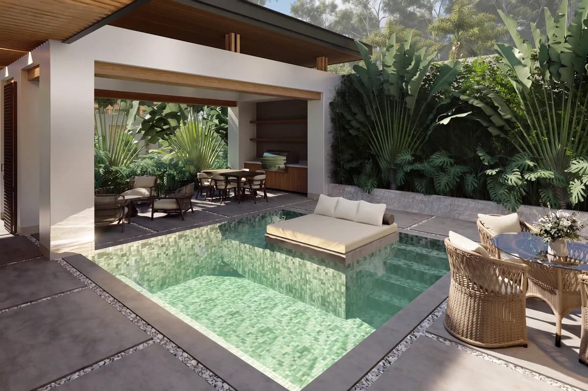 Architectural visualization of a Model A terrace overlooking a private pool at Sueños del Mar.
